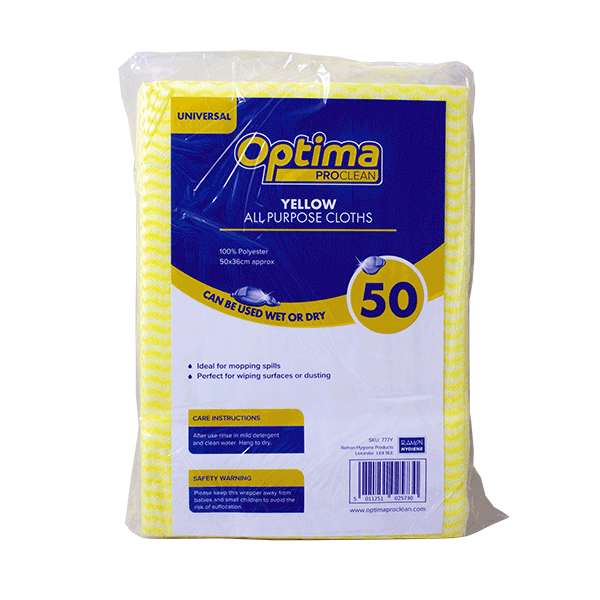 Spare and Square All Purpose Cloths Yellow Optima Proclean Spunlace All Purpose Cloths - Colour Coded - Pack of 50 - 50 x 36cm 777Y - Buy Direct from Spare and Square