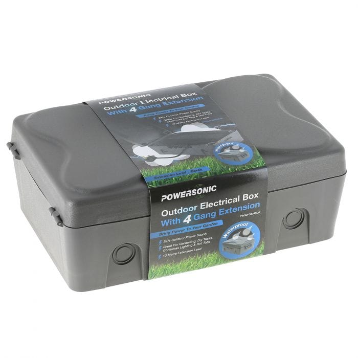 Spare and Square Extension Leads Powersonic Outdoor Weatherproof Electric Box - Black 4 Gang 10m Extension Lead - IP65 JF3005BLK - Buy Direct from Spare and Square