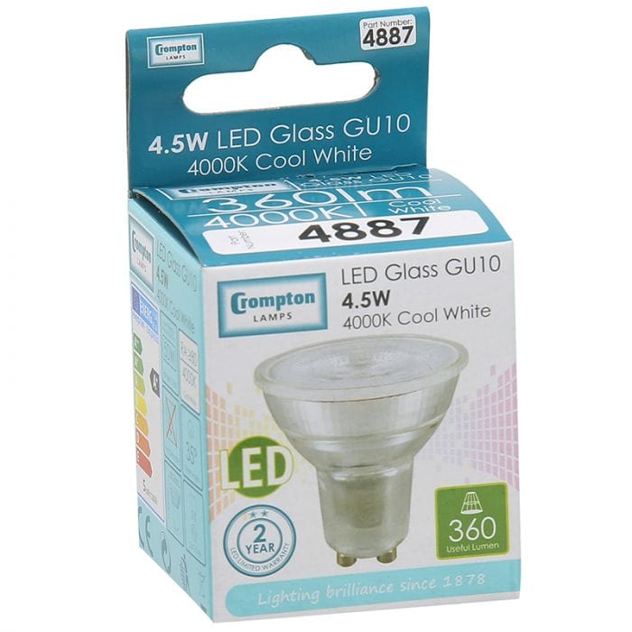 Spare and Square Light Bulb Crompton 4.5W Led Glass GU10 Cool White JD5129CW - Buy Direct from Spare and Square