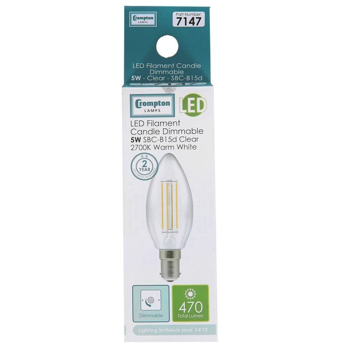 Spare and Square Light Bulb Crompton Candle LED Filament Bulb - SBC - 5W JD7147 - Buy Direct from Spare and Square