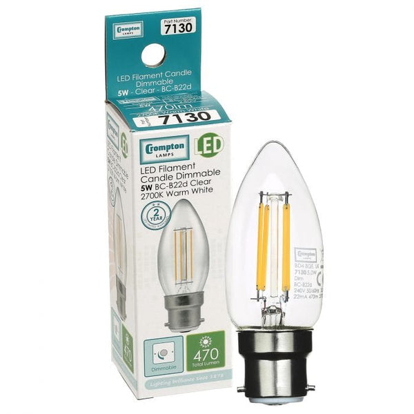 Spare and Square Light Bulb Crompton LED Filament Candle Bulb - 5 Watt - BC - Warm White JD7130 - Buy Direct from Spare and Square