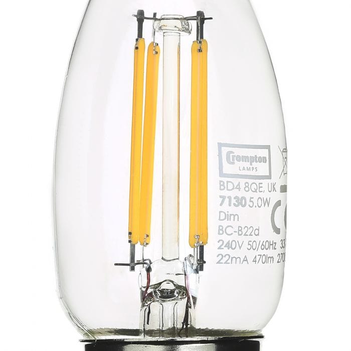 Spare and Square Light Bulb Crompton LED Filament Candle Bulb - 5 Watt - BC - Warm White JD7130 - Buy Direct from Spare and Square