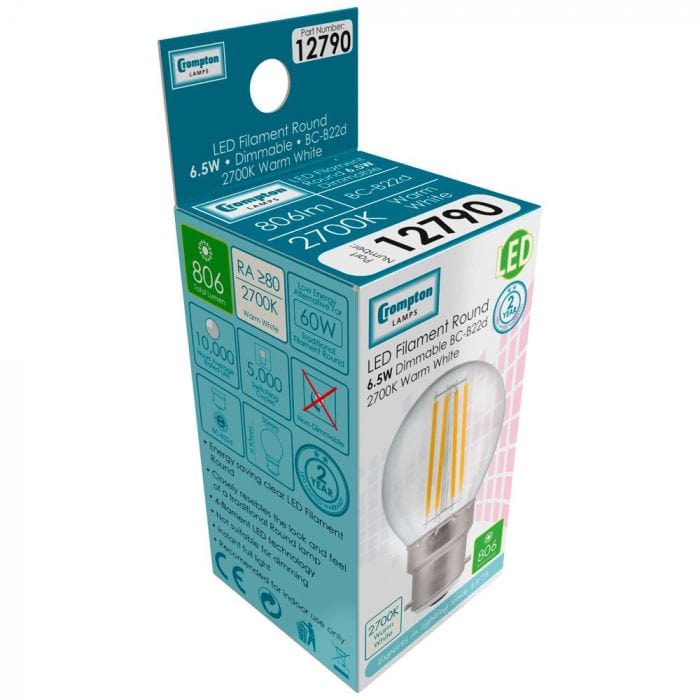 Spare and Square Light Bulb Crompton LED Round Filament Bulb - 6.5W - BC JD12790 - Buy Direct from Spare and Square