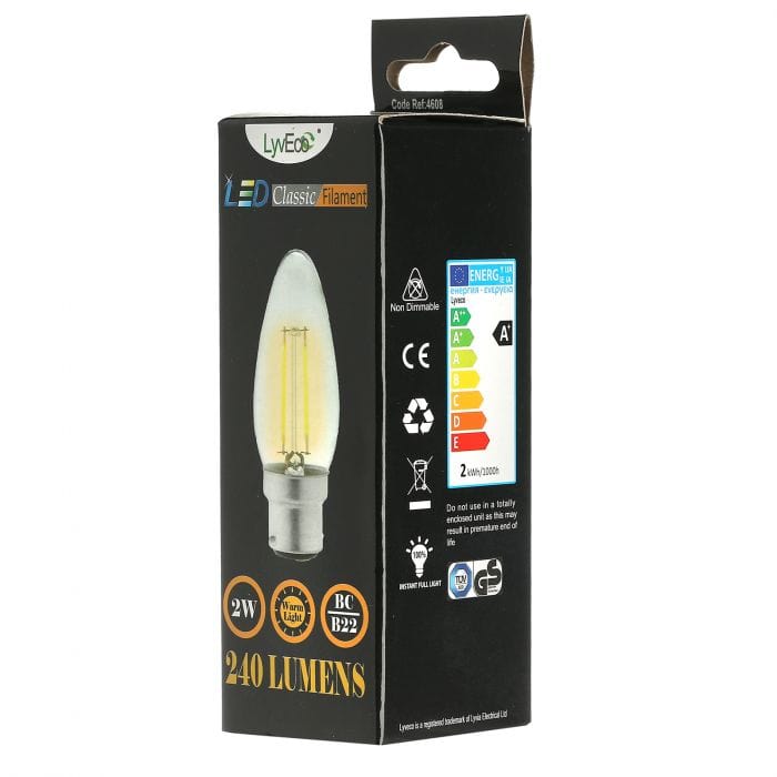 Spare and Square Light Bulb Lyveco 2W BC LED FILAMENT CANDLE WARM WHITE JD8093B - Buy Direct from Spare and Square