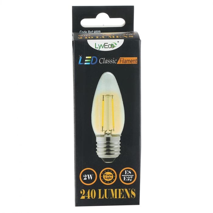 Spare and Square Light Bulb Lyveco 2W ES LED FILAMENT CANDLE WARM WHITE JD8093E - Buy Direct from Spare and Square