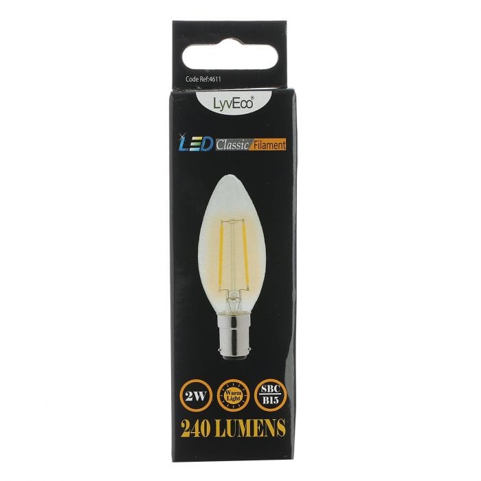 Spare and Square Light Bulb Lyveco 2W SBC LED FILAMENT CANDLE WARM WHITE JD8093C - Buy Direct from Spare and Square