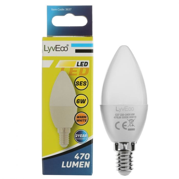 Spare and Square Light Bulb Lyveco 6W Candle Bulb - SES - Warm White JD8065S - Buy Direct from Spare and Square