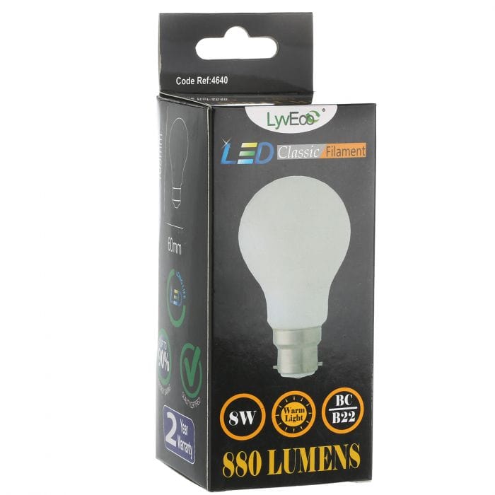 Spare and Square Light Bulb Lyveco 8W BC OPAL LED FILAMENT GLS WARM WHITE JD8120B - Buy Direct from Spare and Square