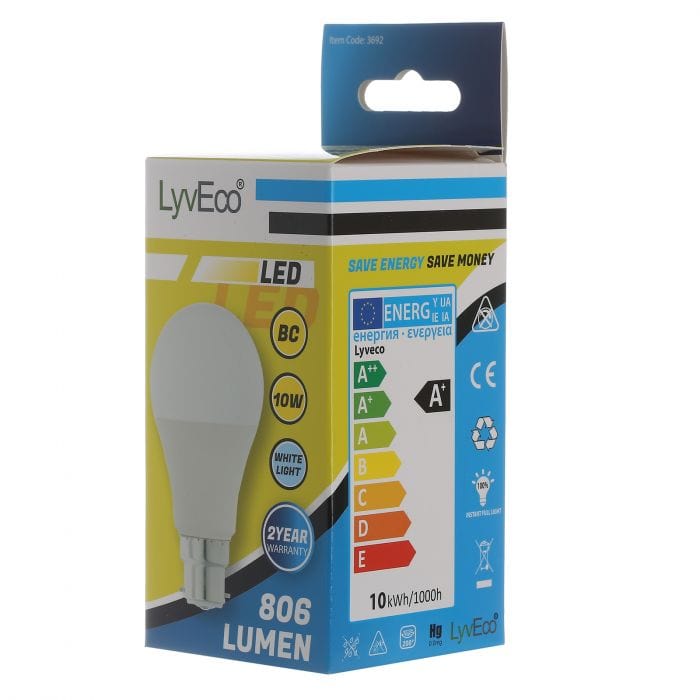 Spare and Square Light Bulb Lyveco BC 10W LED 240V A60 (GLS) COOL WHITE JD8082B - Buy Direct from Spare and Square