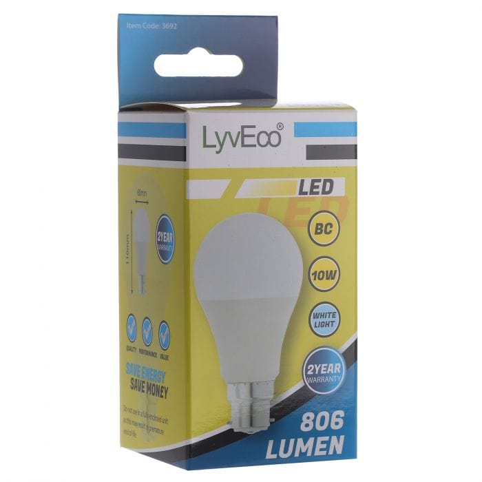 Spare and Square Light Bulb Lyveco BC 10W LED 240V A60 (GLS) COOL WHITE JD8082B - Buy Direct from Spare and Square