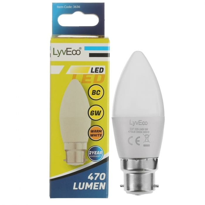 Spare and Square Light Bulb Lyveco LED 6W Candle Bulb - BC - C37 - Warm White JD8065B - Buy Direct from Spare and Square