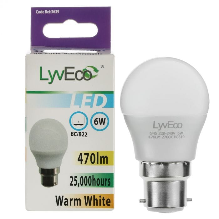 Spare and Square Light Bulb Lyveco LED 6W Round Bulb - BC - G45 - Warm White JD8066B - Buy Direct from Spare and Square