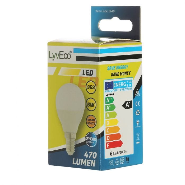 Spare and Square Light Bulb Lyveco LED 6W Round Bulb - SES - G45 - Warm White JD8066S - Buy Direct from Spare and Square