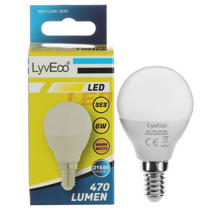 Spare and Square Light Bulb Lyveco LED 6W Round Bulb - SES - G45 - Warm White JD8066S - Buy Direct from Spare and Square