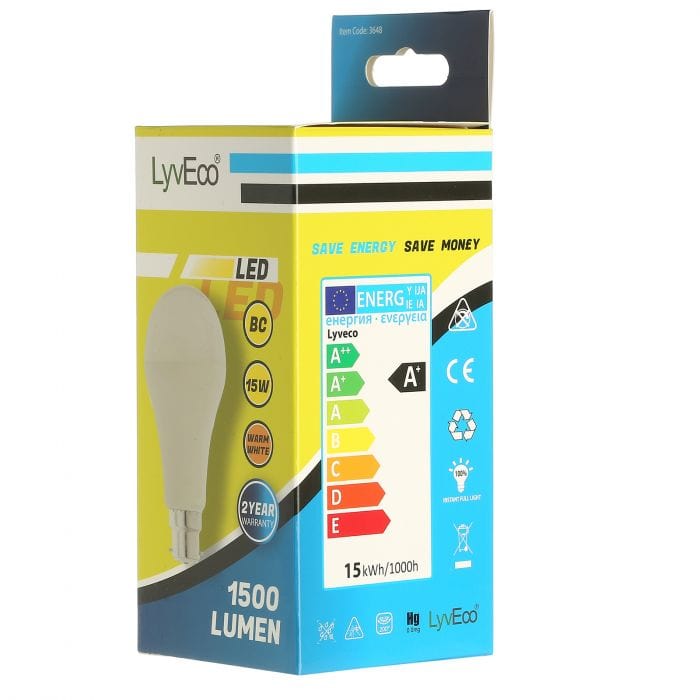 Spare and Square Light Bulb Lyveco LED GLS Bulb - 15W - BC - Warm White JD8080B - Buy Direct from Spare and Square