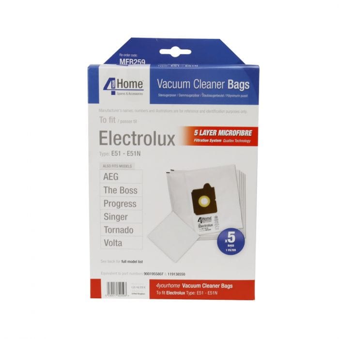 Spare and Square Vacuum Cleaner Spares Electrolux Vacuum Cleaner Microfibre Bag - E51 (Pack Of 5 Microfibre Bags + 1 Filter) MFB259 - Buy Direct from Spare and Square