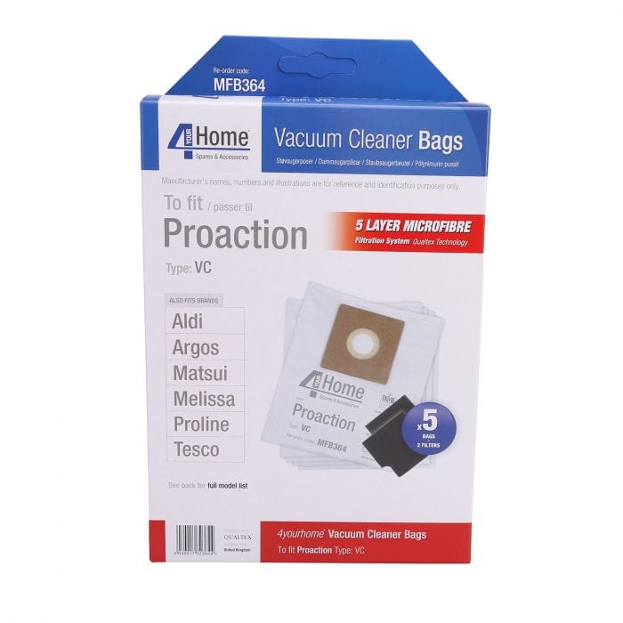 Spare and Square Vacuum Cleaner Spares Pro Action Vacuum Cleaner Microfibre Bag (Pack Of 5 Microfibre Bags + 2 Filters) MFB364 - Buy Direct from Spare and Square